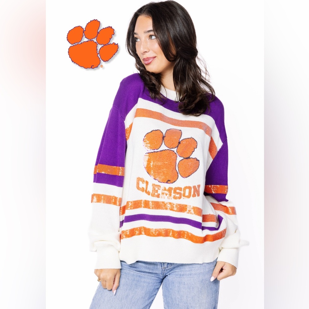 New! QUEEN OF SPARKLES Licensed Clemson Sequin Striped Logo Sweater Oversized